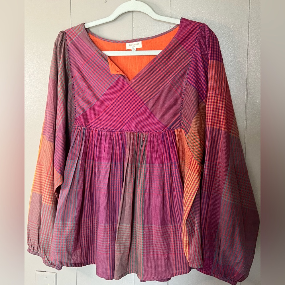 Cost Plus World Market Multicolor Plaid Cotton Blouse L/XL